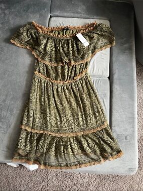 BEBE Olive Green Lace Trim Ruffle Dress- NWT, size small